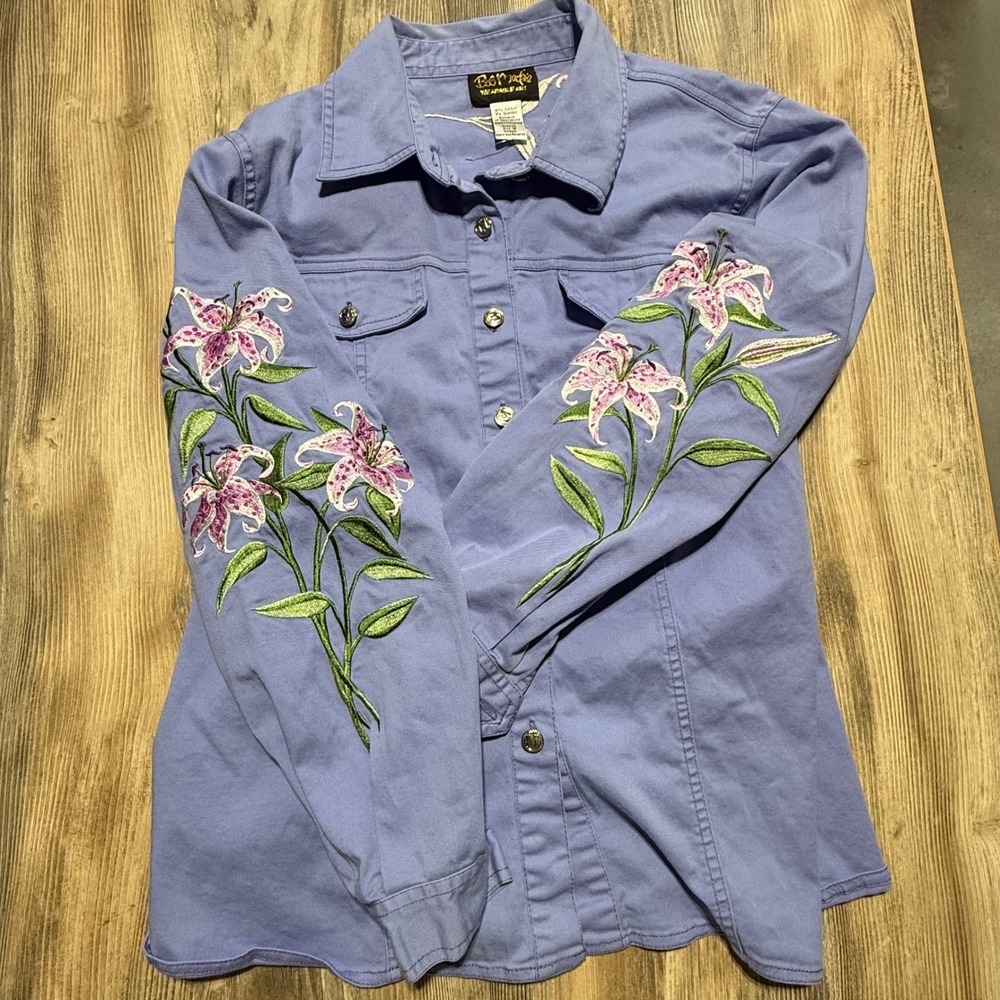 Vintage Bob Mackie Button Up Shirt Periwinkle Blue Floral Lily Grandmacore